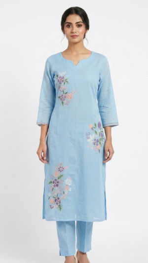 Azure Bloom Embroidered Kurti Set