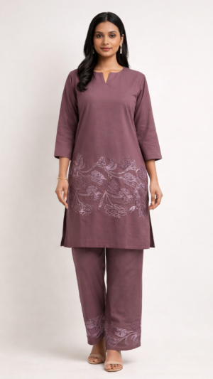 Mulberry Bloom Embroidered Kurti Set