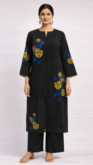 Midnight Bloom Embroidered Kurti Set