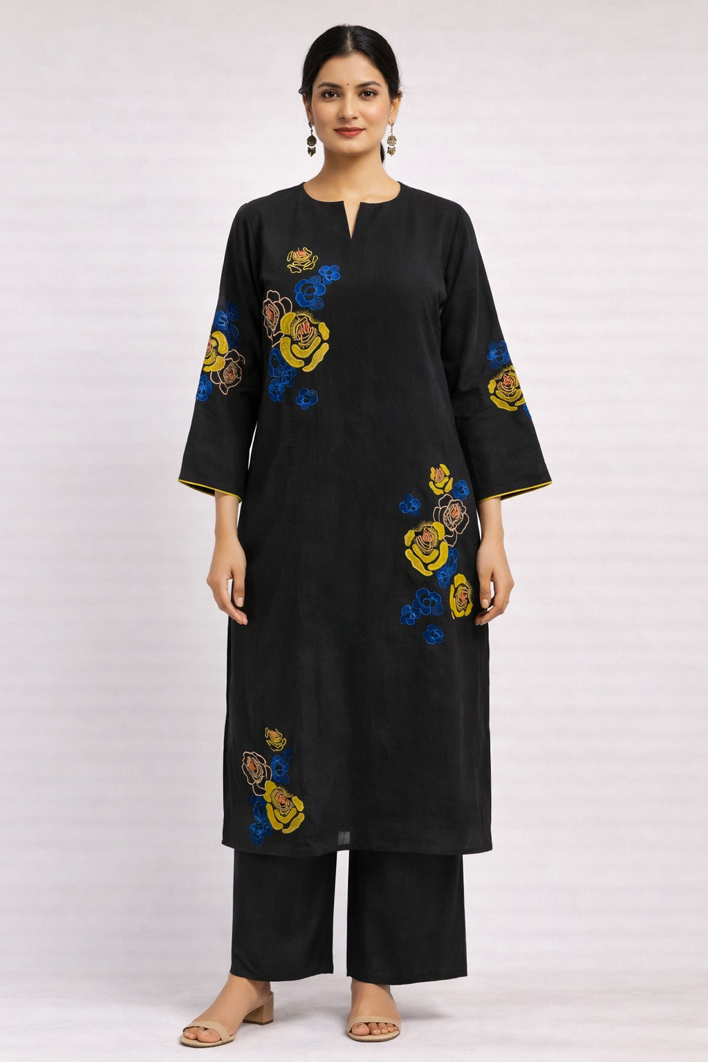 Midnight Bloom Embroidered Kurti Set