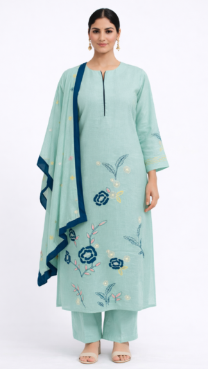Mint Azure Floral Embroidered Kurti Set